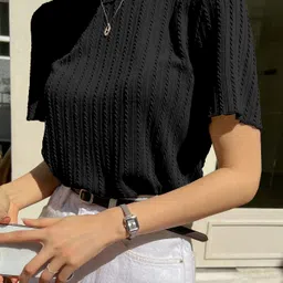 tees hub Casual Regular Sleeves Self Design Women Black Top-picture-12