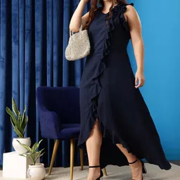 curvy street Women Peplum Dark Blue Below Knee Dress-picture-22