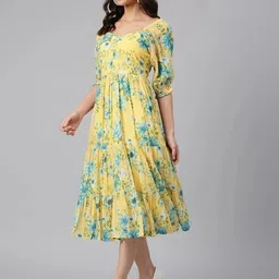 janasya Women Fit and Flare Yellow Midi/Calf Length Dress image 4