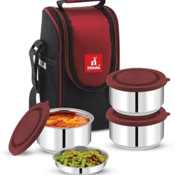 dhara stainless steel Double Wall Insulated Hot Time Lunch Tiffin Box with Fabric Jacket Maroon 3 Containers Lunch Box image 1