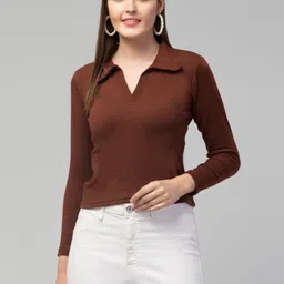 swaggish Casual Regular Sleeves Solid Women Brown Top image 1