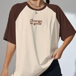 juneberry Women Printed Round Neck Pure Cotton Beige, Brown T-Shirt image 4