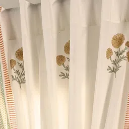 peepul tree Jaipuri Hand Block Print Cotton with Floral Border Rust,Mustard & Teal Set of 2 (5ft) Window Sheer Curtains image 2