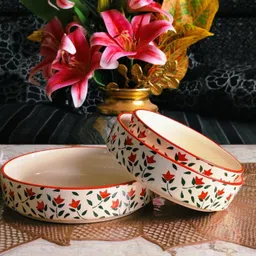 andson enterprise Ceramic Mixing Bowl Red Floral Printed Ceramic Serving Bowls, Nesting Design - Set of 3 image 3