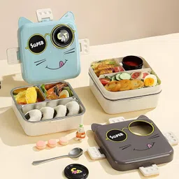 raycraft Stainless Steel Cat Design Lunch Box with Spoon Cup for School Kids and Adults 4 Containers Lunch Box image 5