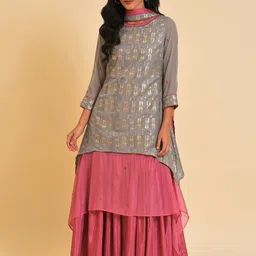 WISHFUL Ethnic Motifs Printed Layered Maxi Ethnic Dress With Dupatta-image-1