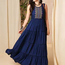 Globus Embroidered Yoke Tiered Fit & Flare Maxi Dress-picture-31
