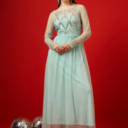 STREET 9 Turquoise Blue Embellished Net Maxi Dress-image-14