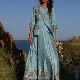 W Blue Ethnic Motifs Keyhole Neck Ethnic Maxi Dress image 1
