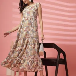 Indibelle Women Floral Print Flutter Sleeve Maxi Dress-image-5