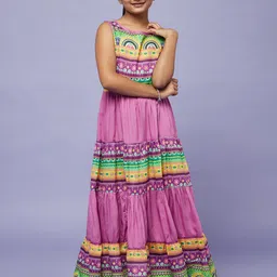 Aks Kids Girls Ethnic Motifs Printed Round Neck Cotton Maxi Dress-picture-27