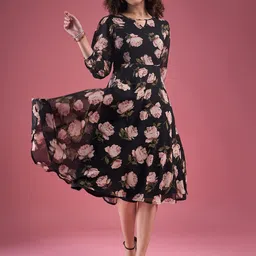 Deewa Floral Printed Georgette Keyhole Neck Fit & Flare Midi Dress image 1