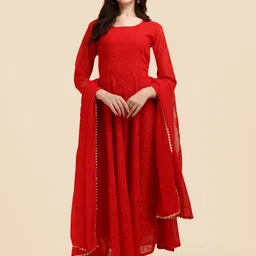 KALINI Ethnic Motif Embroidered Gathered Maxi Dress With Dupatta-picture-28