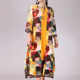 Elthia Abstract Printed Mandarin Collar Silk A-Line Ethnic Dress-image-0