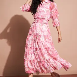 DressBerry Abstract Printed Shirt Collar Puff Sleeve Tiered Ruffled Maxi Dress-image-96