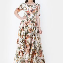 Cation Floral Beige Print Round Neck Puff Sleeves Georgette Maxi Dress-picture-23