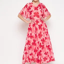 HELLO DESIGN Floral Print V-Neck Short Flared Sleeve Ruffled Georgette Maxi Dress-picture-17