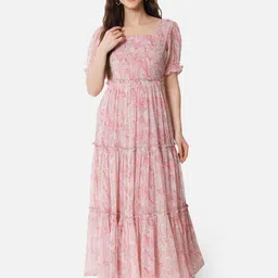 BAESD Abstract Printed Square Neck Puffed Sleeves Georgette Fit and Flare Maxi Dress image 1