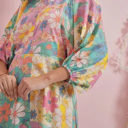 Athena Floral Printed Round Neck Three-Quarter Sleeves Flutter Sleeve Crepe Maxi Dress image 3