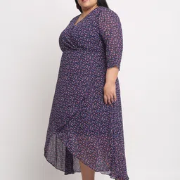 plusS Women Plus Size Navy Blue & Pink Floral Printed Wrap Tulip Hemline Maxi Dress image 3