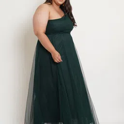 U&F Women Green One Shoulder Net Maxi Dress image 5