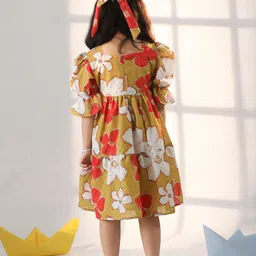 VASTRAMAY Girls Floral Printed Bell Sleeve Schiffli Tiered Cotton Fit & Flare Dress image 3