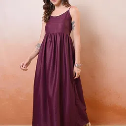 Vishudh Maroon Self Design Shoulder Straps Gathered Smocked Maxi A-Line Dress image 4