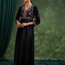 Vishudh Floral Embroidered V-Neck Maxi Ethnic Dress With Dupatta image 4