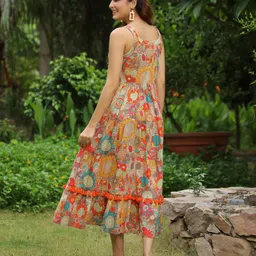 Rain & Rainbow Shoulder Strapped Floral Printed Fit and Flared Pure Cotton Midi Dress image 2