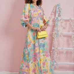 Athena Floral Printed Round Neck Three-Quarter Sleeves Flutter Sleeve Crepe Maxi Dress image 5