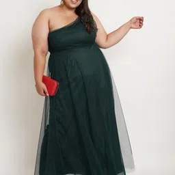 U&F Women Green One Shoulder Net Maxi Dress image 3