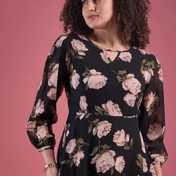 Deewa Floral Printed Georgette Keyhole Neck Fit & Flare Midi Dress image 3