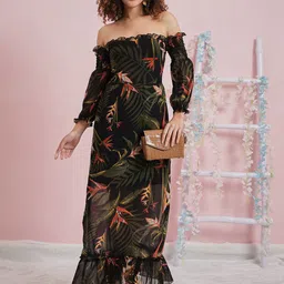 Athena Tropical Printed Off-Shoulder Cuffed Sleeve Georgette Maxi Dress image 5
