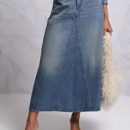 Tokyo Talkies Blue A-Line Maxi Pure Cotton Denim Skirt-image-8