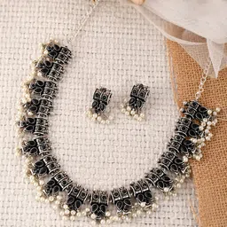 AQUASTREET JEWELS Silver-Plated & Black Stone Studded & Beaded Oxidised Jewellery Set image 2