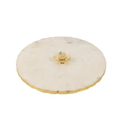 nikkispride Marble Platter White Round With Gold Foil Work Metal Flower Embedded ite Plain image 4