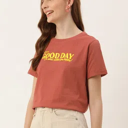 mast & harbour Women Typography Round Neck Pure Cotton Red T-Shirt image 3