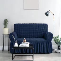 cortina Navy Blue Polyester Stretchable 2 Seater Sofa Cover image 1