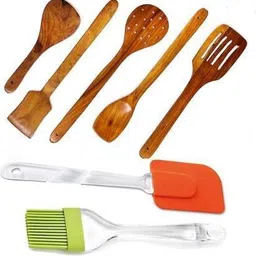 purchaze24x7 Wooden Spoon Set Of 5 for Non Stick With Silicone oil brush combo Wooden Serving Spoon Set-picture-24