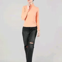 hoc Women Solid High Neck Orange Sweater image 3