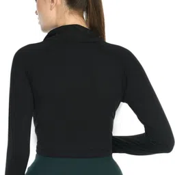 jf enter Women Solid Zip Neck Polyester Black T-Shirt image 2