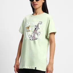 bewakoof Women Printed Round Neck Pure Cotton Green T-Shirt image 2