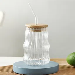 jay ramdev seller Ribbed Glassware for Juice Beverage with Lids and Straws Glass Tumbler image 2