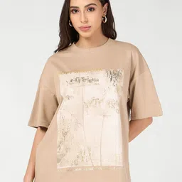 bewakoof Women Printed Round Neck Pure Cotton Brown T-Shirt-picture-12
