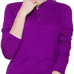 ap'pulse Women Solid Mandarin Collar Pure Cotton Purple T-Shirt-picture-23