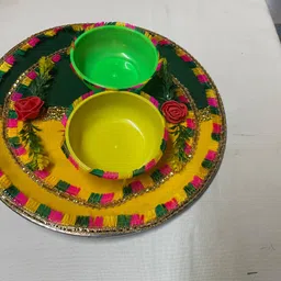lakhdatar Traditional Haldi–Mehndi Decorative Thali with Dual Bowls & Floral Design Steel Decorative Platter image 1