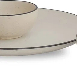 volcraft Pack of 3 Ceramic Hand Made White Matte 1 Dinner Plate, 2 Katori Bowl Microwave & Dishwasher Safe Dinner Set image 4