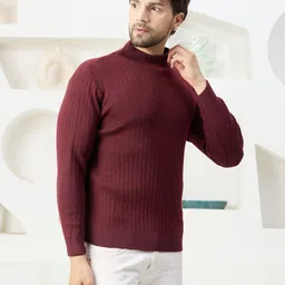 kvetoo Men Solid High Neck Maroon Sweater image 2