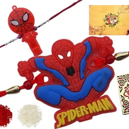 artonezt Religious Silicone Beads + LED Light Whistle Spiderman Rakhi for Brother/Chota Bhai Plastic (PVC) Chawal Roli Pack, Greeting Card, Rakhi Set-picture-13