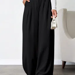 Women Relaxed Black Lycra Blend Trousers-image-93